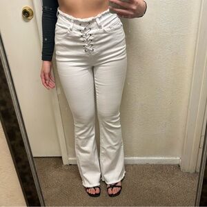 White Lace-Up High-Waisted Pants